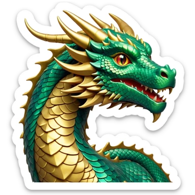 cinematic-noble-dragon-portrait-emoji,-poised-and-majestic,-with-a-sinuous,-elongated-body-covered-in-intricately-detailed,-shimmering-scales-in-hues-of-emerald-and-gold,-and-piercing,-fiery-eyes-that-reflect-ancient-wisdom; sticker