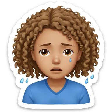 white young curly hair girl, brown hair, with a blue shirt, in despair crying sticker