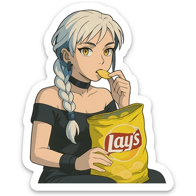  she is snacking out of a huge bag of lays-chips, a closeup portrait of young woman with gold yellow eyes, white hair, long braid, black off-shoulder top d-cup, punk gothic style, futuristic cyberwave cyberpunk, sitting position
 sticker