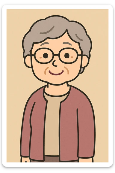 elder woman with glasses, irasutoya style, flat toon, smiling, short gray hair sticker
