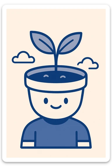 a pot with a sprout, simple smile on the pot, flat color illustration sticker