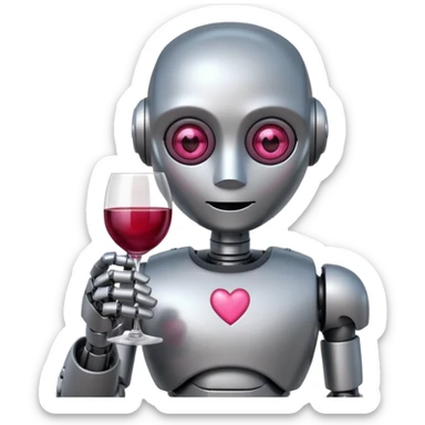 Un robot elegante con vino en la mano y una sonrisa tímida y unos ojos de corazónes rosas sticker