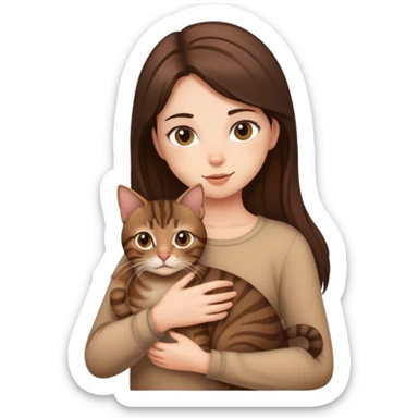 brunette girl holding brown tabby cat  sticker