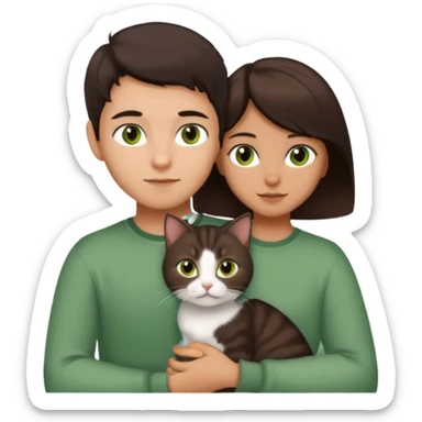 Crea un emoji donde salga un chico de pelo moreno con los ojos claros, una chica de pelo morena con los ojos marrones y UN gato europeo comun de pelaje marron oscuro y ojos verde claro, quiero que se esten abrazando el chico y la chica, y el gato este en el medio de los dos sticker