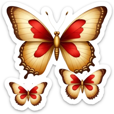 Elegant vintage golden butterflies with red and brown hues on their wings, delicate textures, antique aesthetic, softly faded colors, classic illustration style sticker