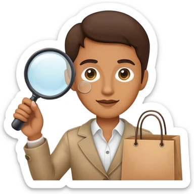 mystery shopper holding a magnifying glass and a shopping bag sticker