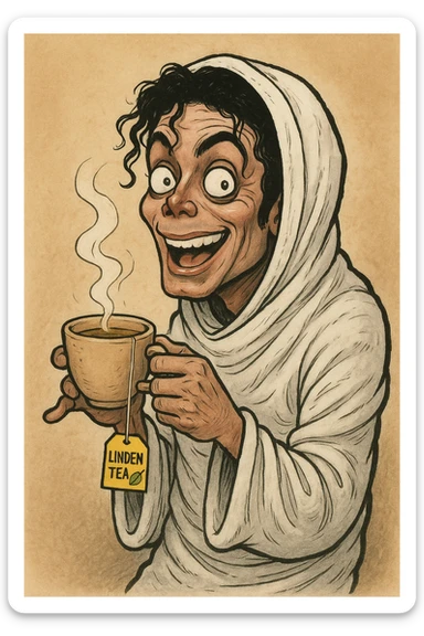 Michael Jackson drinking linden tea while wrapped in a shroud, detailed, humorous, expressive face sticker