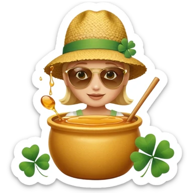 A hunny playing or eating out of a big pot of honey (like the one Winnie the Pooh played with) and have a Irish four leaf clover ground cover and a beach back drop  sticker