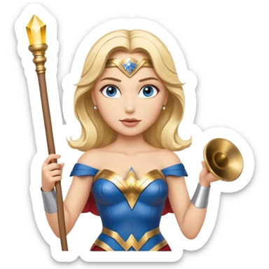 Blonde blue eyed Wonder Woman holding white orchestra conductor’s baton and bell sticker