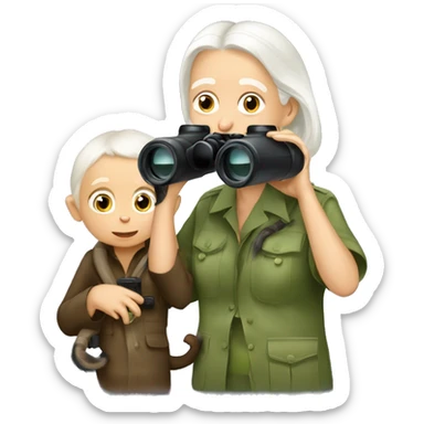 Jane Goodall with binoculars and a baby chimpanzee sticker