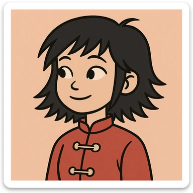 Chinese girl with black layered hair, minimalistic style, soft colors, simple background sticker