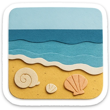 view of the ocean from the beach with sand, shells, and gentle waves in paper-craft style sticker