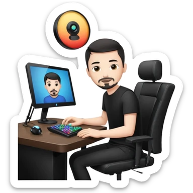 a setup of a youtuber, white skin, thin goatee, black short hair, with a desktop pc on a table, a gaming chair, microphone, white ring light sticker
