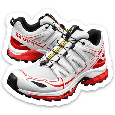 Ultra simplified white Salomon XT-6 shoes with just a red colored line across the middle, one behind the other, completely white design except for the colored center line sticker
