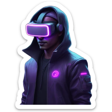 Cyberpunk style. Violet neon. man with white skin in the black hoody with violet OMG VR logo on it wearing vr headset oculus quest 2 sticker