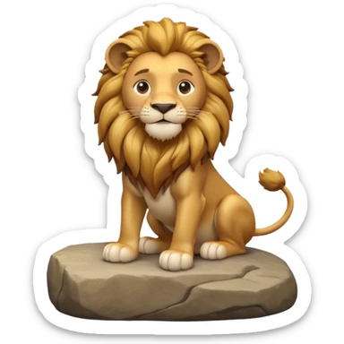A 3D cartoon lion with a golden mane, sitting proudly on a rock, calm smile, smooth fur, bright warm sunlight, friendly but majestic look, Memoji-style. sticker