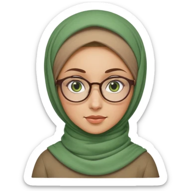 iranian woman, tight curly light brown hair in one high pony tail, glasses, green eyes, pretty, oval shape face sticker