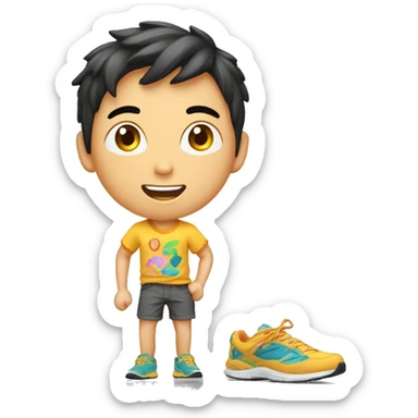 teen boy asian with short pants, shirt print with sarcasm, colorful running shoe sticker
