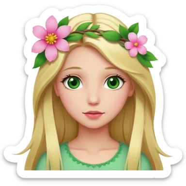 Girl profile picture with long blonde hair and green eyes and a flower in her hair sticker