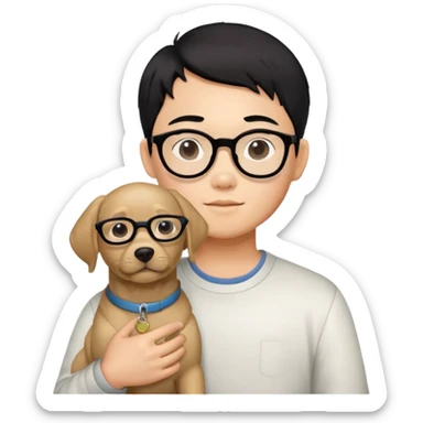 A Chinese black haired boy with black glasses holding one Labrador Retriever sticker