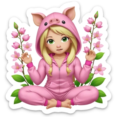 sexy and muscled, full body, in pink kegurumi pijamas, pig hood, sexy girl, long blond hair, beautiful green eyes, makeup, earrings, muscled, surrounded by pink flowers and sakura petals sticker