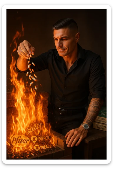 "Enlightened man throwing antidepressant pills into fireplace, flames consuming what he sees as chemical poison, expression of liberation from psychiatric medication, Big Pharma logos melting in the fire, natural healing books spread on table behind him, pharmaceutical slavery being broken through pill destruction, mental clarity returning as drugs burn" sticker