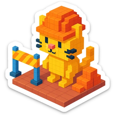 cat in orange safety helmet standing on a construction site in voxel style sticker