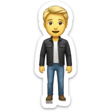 Een man met een rode jas aan met een graat gezicht en kort blond haar en een spijkerbroek aan sticker