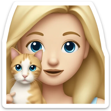 blonde girl with blue eyes holding a calico cat sticker