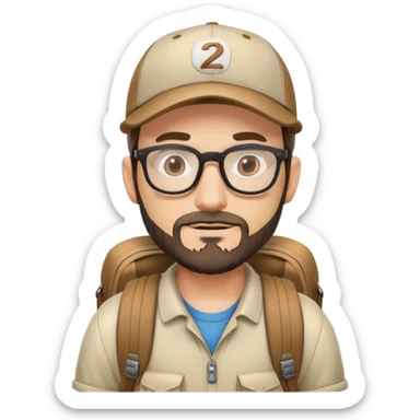 adventurer with backpack, small beard, glasses and backwards baseball cap sticker