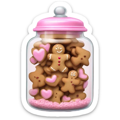 Realistic glass cookie jar with light pink lid full of gingerbread cookies isolated.  sticker