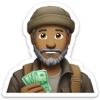 A hobo offering a mint sticker