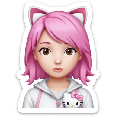 Female pink hair Wearing white and light pink clothing with hello kitty accessories sticker