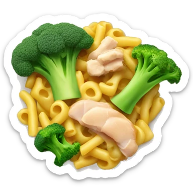 dish with macaroni and pieces of broccoli and chicken sticker