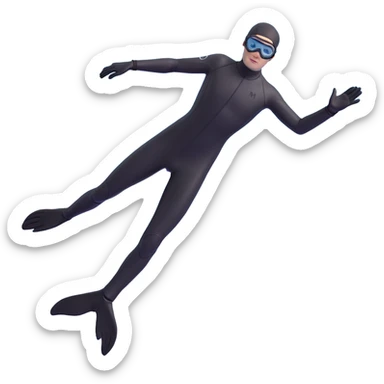 3D emoji style freediver in a black wetsuit, descending posture, seen from behind, with long black fins, black gloves, and black goggles, arms at sides, five fingers on each hand, no face details, black or deep sea background sticker