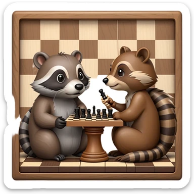 A detailed emoji of a beaver and a raccoon sitting at a chessboard, intensely focused on the game. The beaver has a thoughtful expression, holding a chess piece, while the raccoon looks mischievous, ready to make a move. The chessboard is small but c sticker