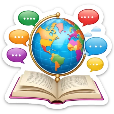 An icon showing a globe surrounded by speech bubbles with greetings in different languages, like 'Hello,' 'Hola,' and 'Bonjour.' The design includes an open book and a quill, symbolizing learning and communication. Transparent background emphasizes global connection through language. sticker
