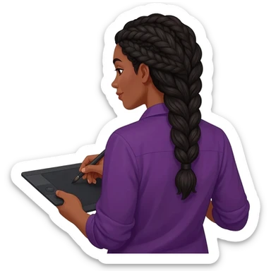 Emoji représentant une femme à la peau marron avec de longues braids noires et portant une belle chemise violette, tenant une tablette graphique dans une main et un pinceau dans l’autre sticker