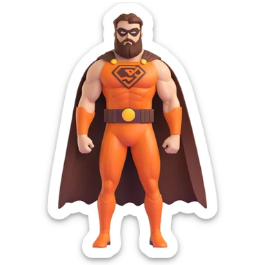 muscular superhero in brown and auburn costume, beard-shaped logo, comb-shaped belt, magnificent beard sticker