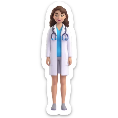 young woman, brown long wavy hair, medical white clothes, friendly, front view, smiling sticker