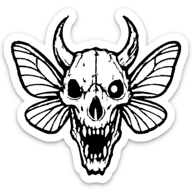 detailed red line art of nightmarish minotaur-stoat hybrid skull with broken horn and glowing eye, with moth wings, featuring mostly empty transparent center with detailed elements concentrated around the edges, heavily weathered perimeter with deliberate damage, hollow middle, twisted features, 100% red sticker