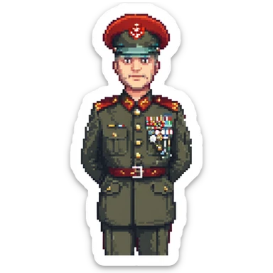 pixel art portrait of Kenan Evren, Turkish general, in uniform, minimal color palette sticker
