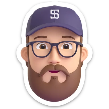 adventurer with goatee beard (no beard on cheeks), short hair, glasses and backwards baseball cap sticker