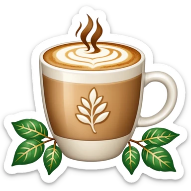 coffee cup with leaves around it and with latte art and with sparkles sticker