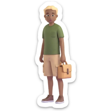 boy wearing an olive-green shirt over a brown T-shirt with beige cargo shorts sticker