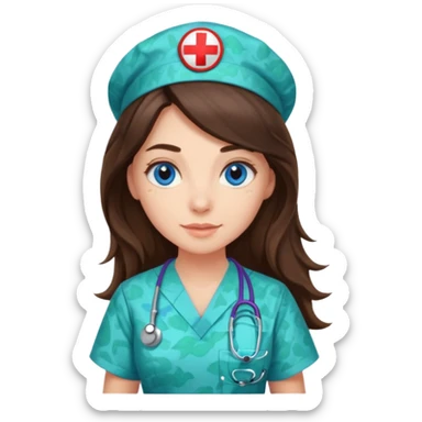 pretty brunette nurse with long hair and blue eyes in dinosaur pattern scrubs sticker