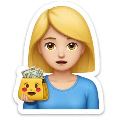 Emoji de una chica joven mostrando que no tiene dinero, sosteniendo una billetera vacía, expresión preocupada o triste, estilo emoji moderno y minimalista, colores planos, líneas limpias, fondo transparente. sticker