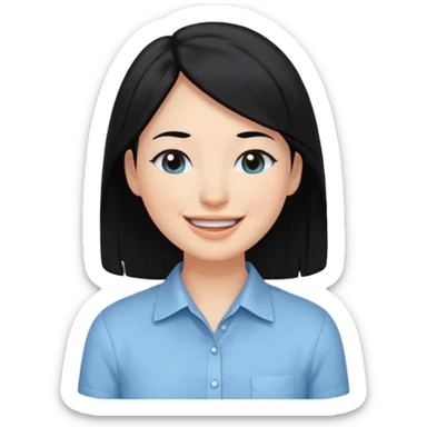 검정 긴머리에 청순한 직장인의 모습 웃고 있으면 좋겠어 하늘색 셔츠를 입으면 좋을 거 같ㅇ다  눈동자도 검정색 이빨은 보이지 않게 미소만 띄우면 좋겠어  sticker