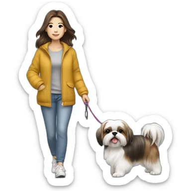 girl walking shih tzu on leash sticker