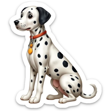 cinematic-[dalmatian dog]-realistic-full-body-sitting-emoji,-tail-resting-loosely-beside-its-paws,-head-tilted-dramatically,-sleek-[spotted]-fur,-simplified-yet-realistic-focused-features,-highly-detailed,-glowing-with-an-almost-sarcastic-glow sticker